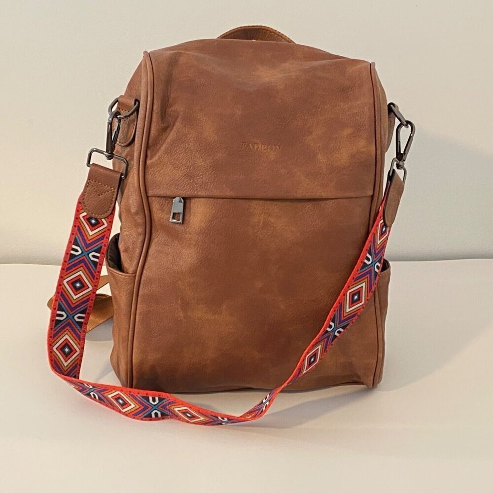 FADEON Backpack Tablet Bag Purse Brown PU Leather Removable Shoulder Strap